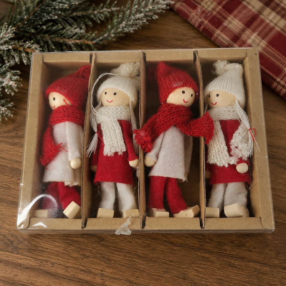 Christmas Wooden People Ornaments Set of 4 Red White Knit Holiday Tree Decor